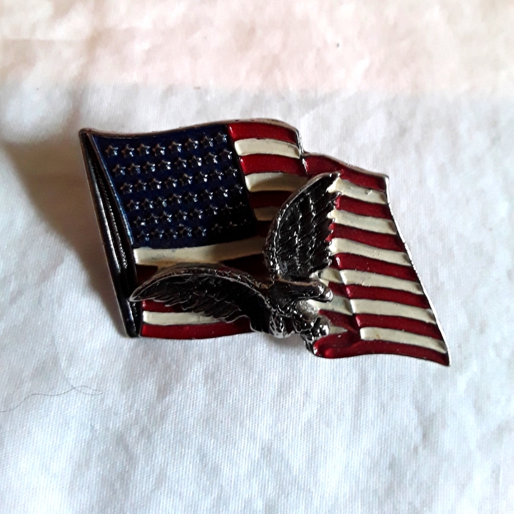 American flag with eagle pin/hat/lapel/vest pin/2 inches wide/1 1/2 inches tall
